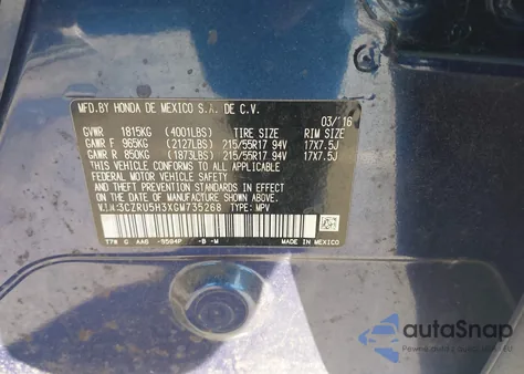 2016 Honda Hr-V Lx from USA, damaged, VIN 3CZRU5H3XGM735268
